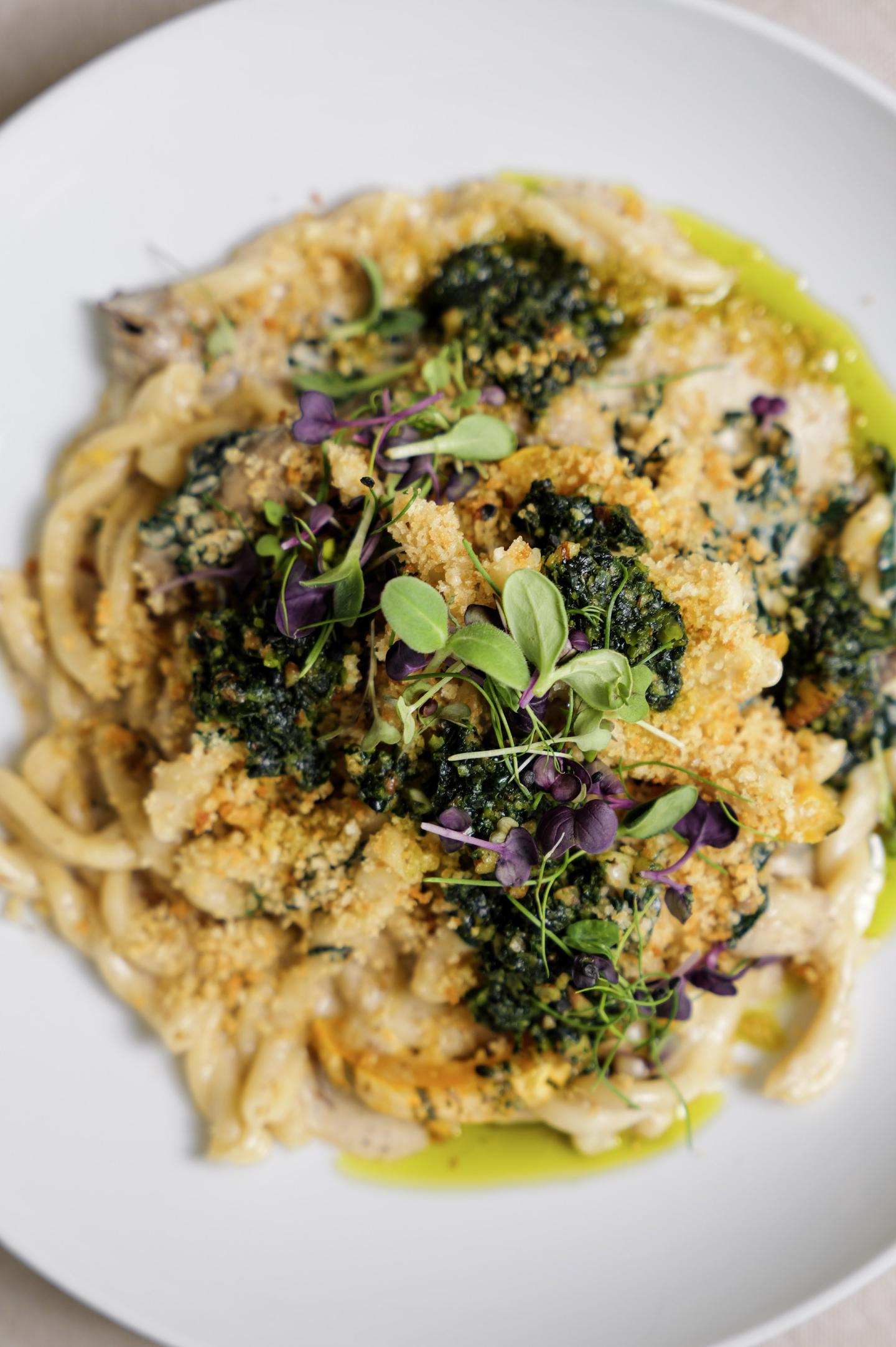 Creamy pasta topped with greens and herbs on a white plate.