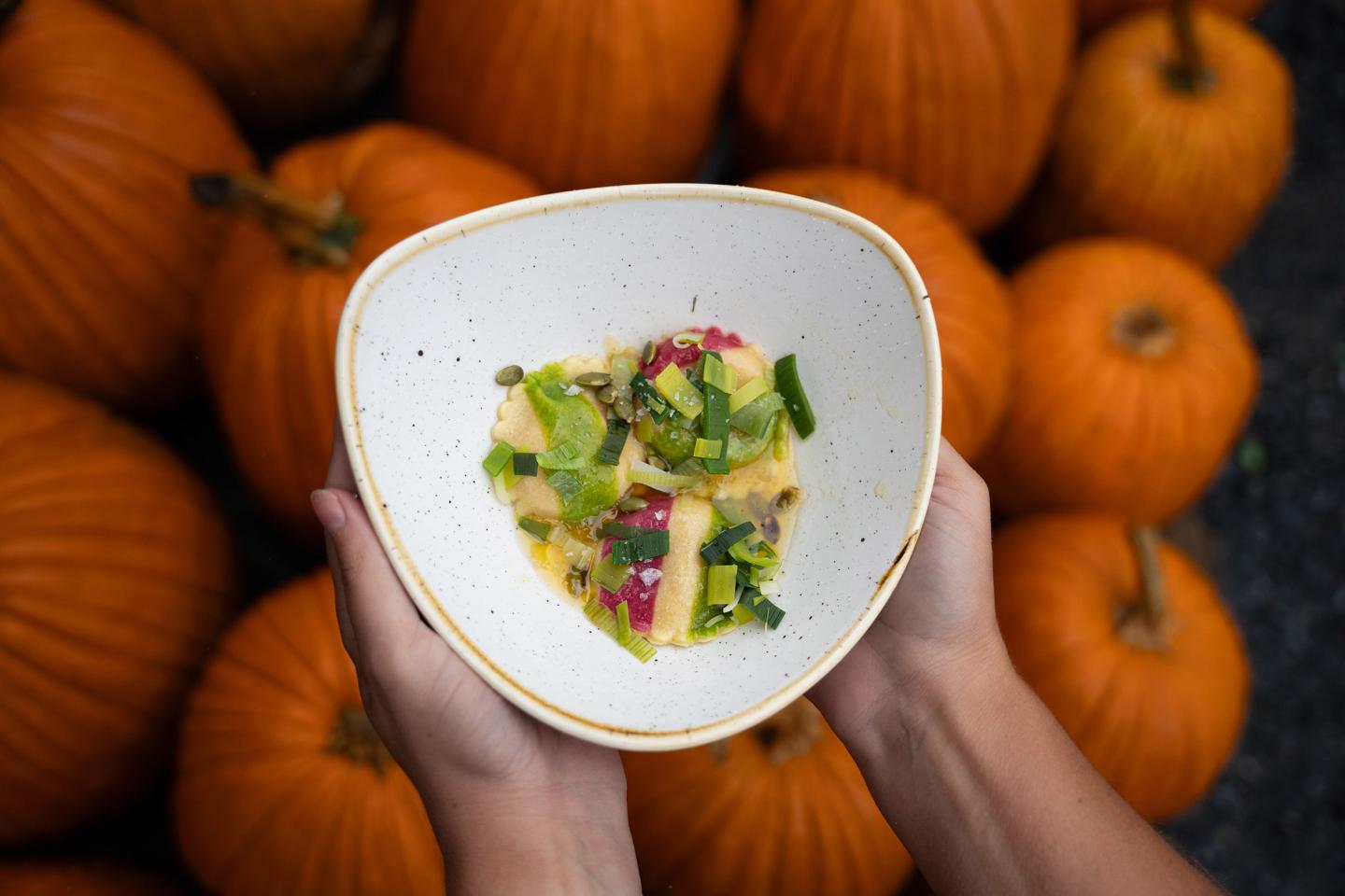 Hands holding a bowl of colorful food over pumpkins.