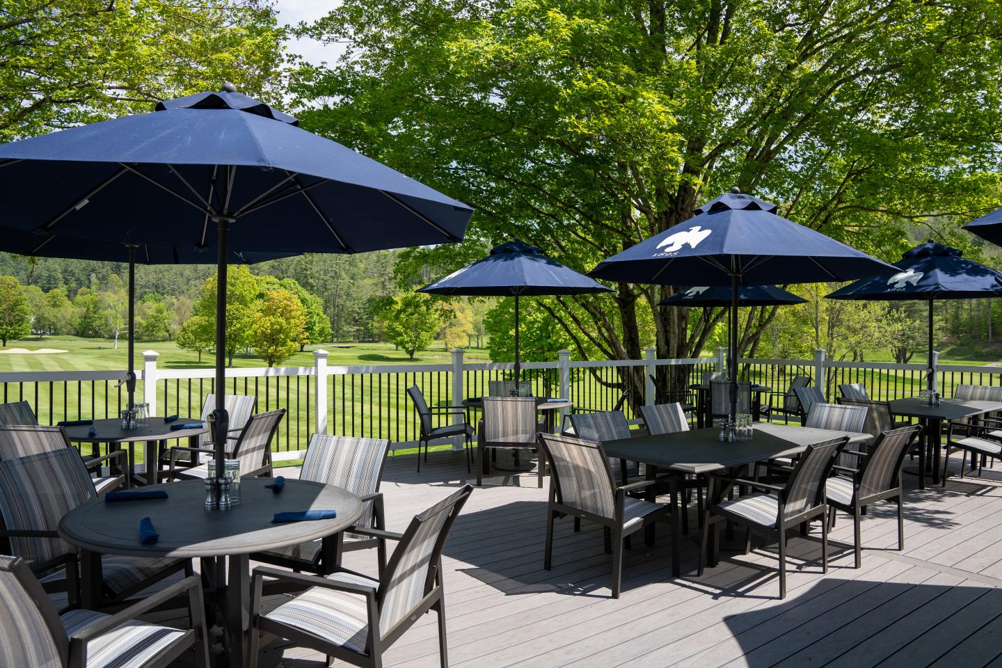 Outdoor patio with tables, chairs, and blue umbrellas under a tree.