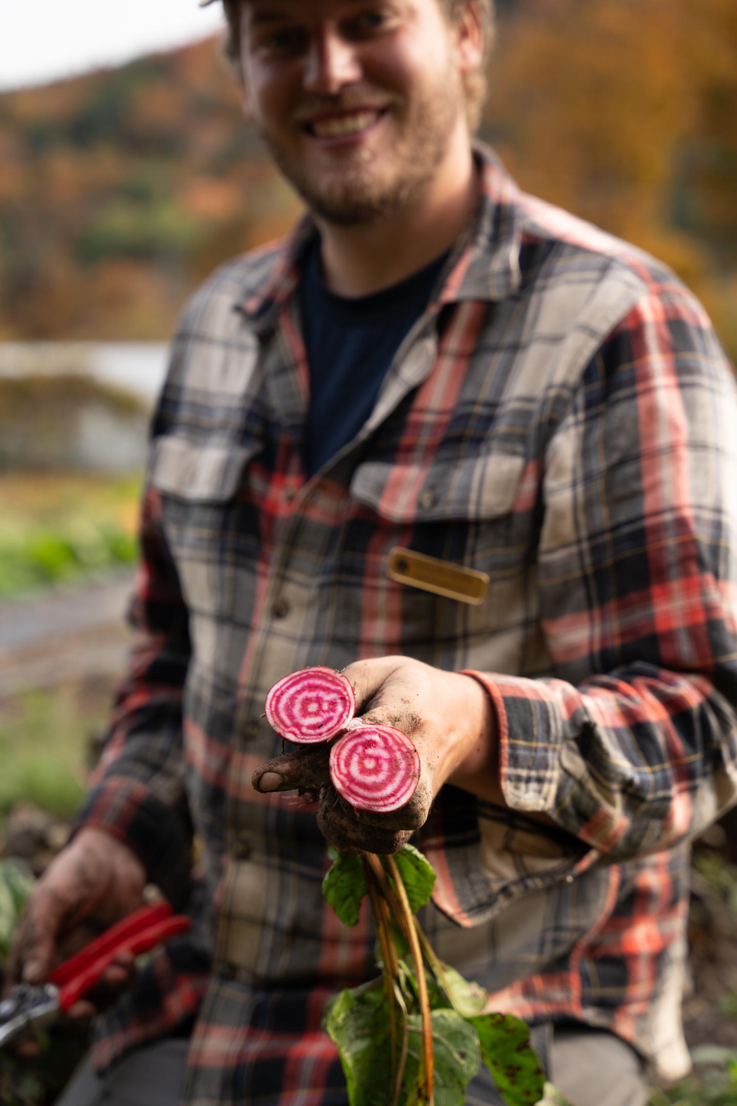 Man holding cut beets, smiling in an autumn garden.
