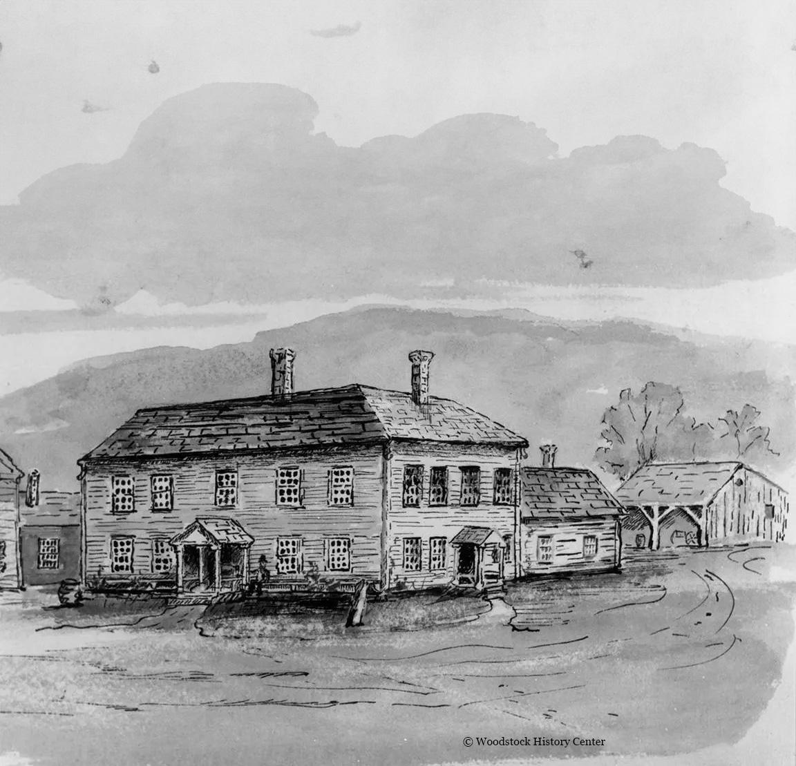 Historic black and white sketch of a large house with surrounding buildings.
