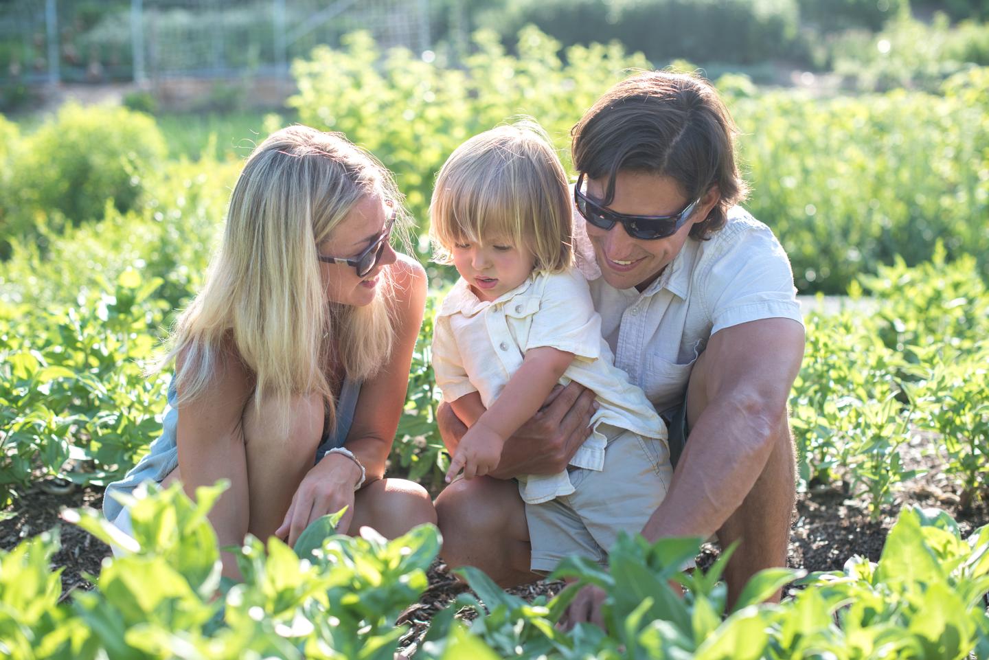Family of three gardening together on a sunny day.