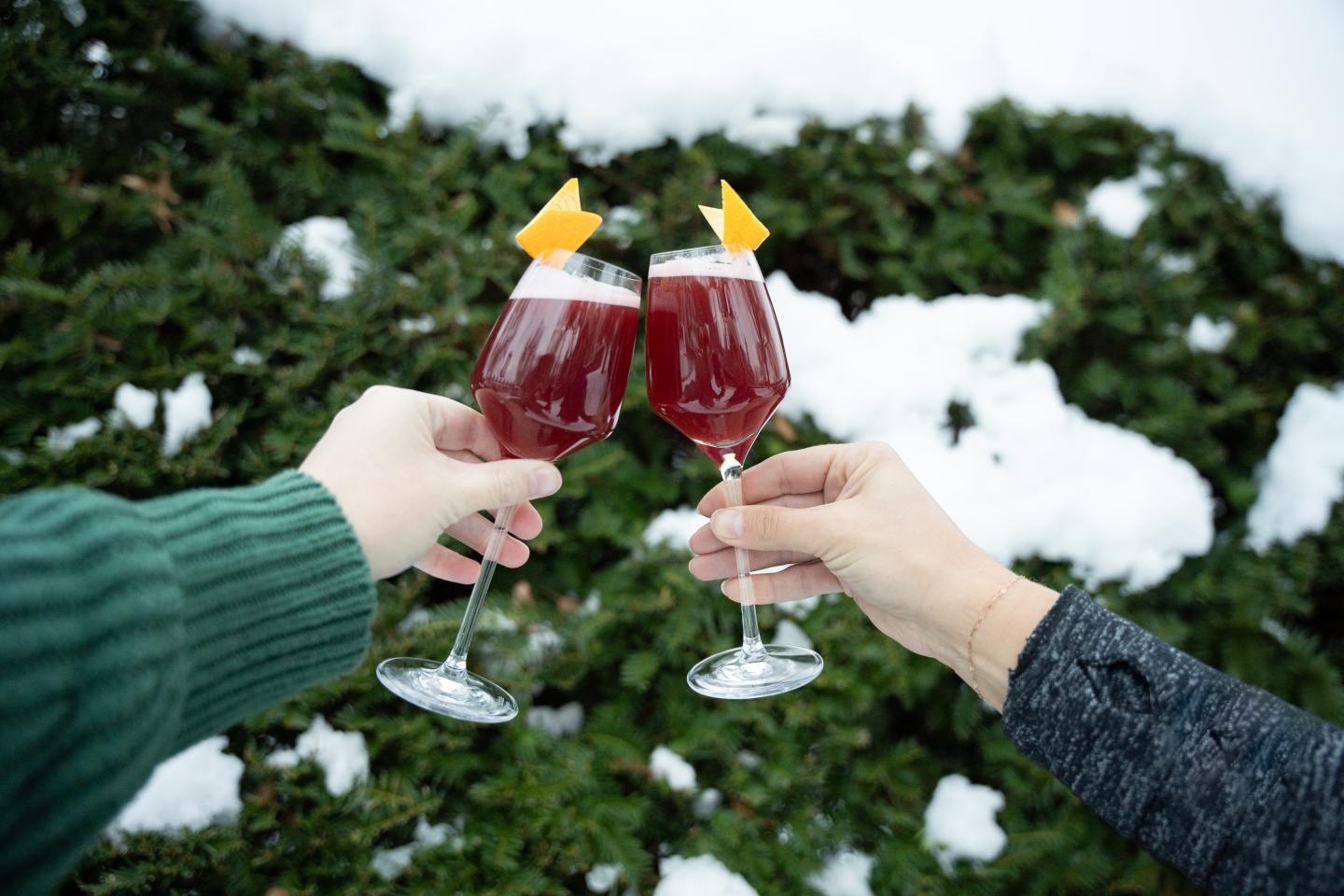 Two hands clinking glasses of red drinks with orange garnishes, snowy bushes in background.