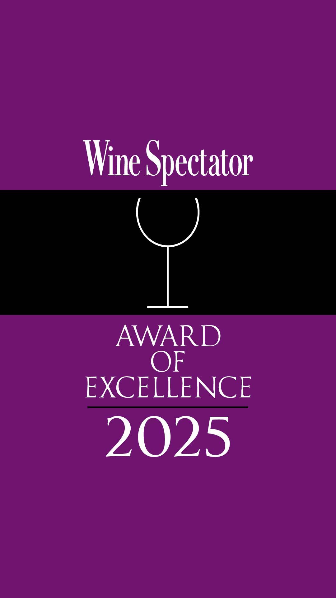 Wine Spectator logo, Award of Excellence 2025, on purple background.