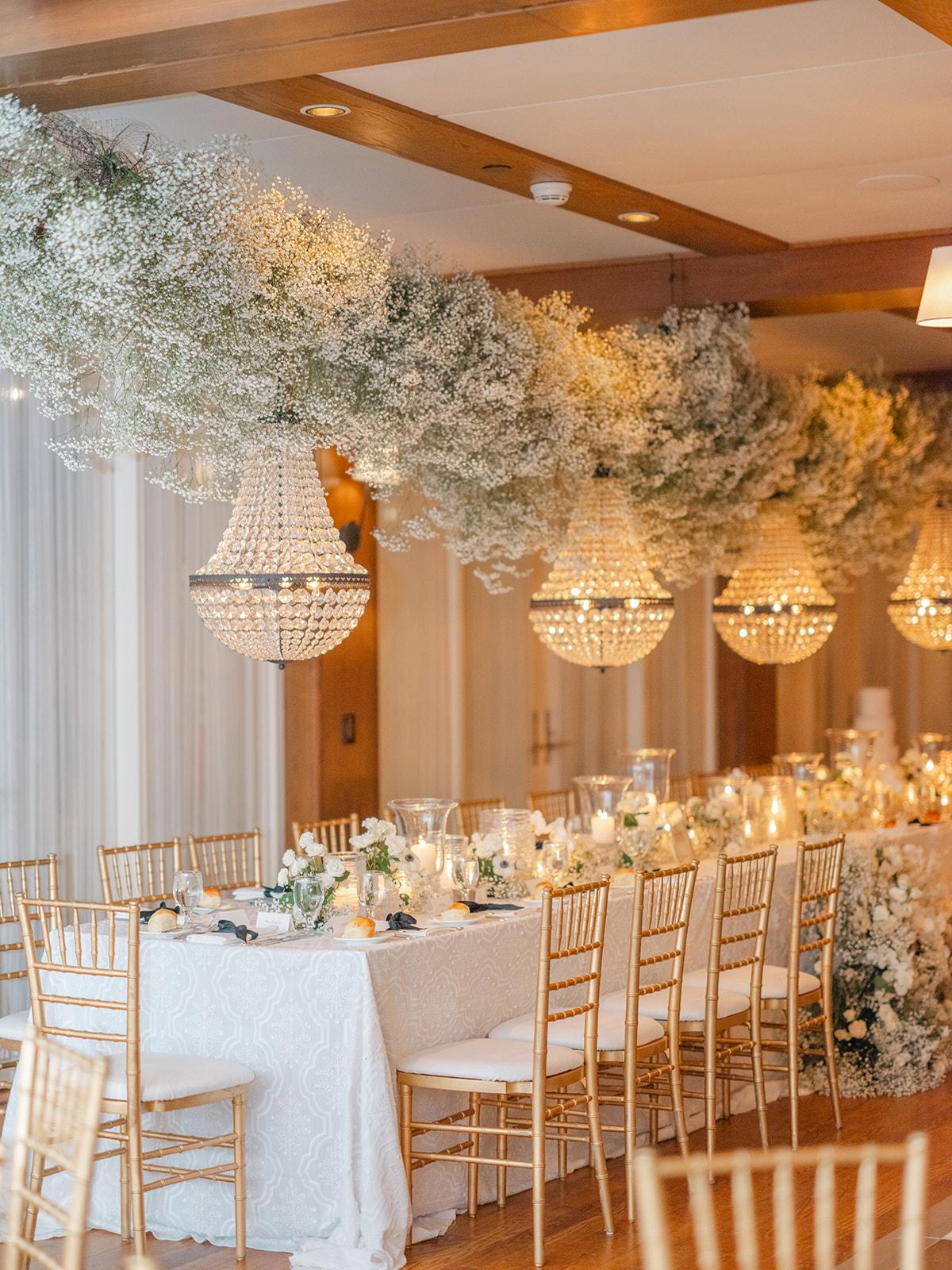 Elegant wedding table with floral decor and chandeliers.