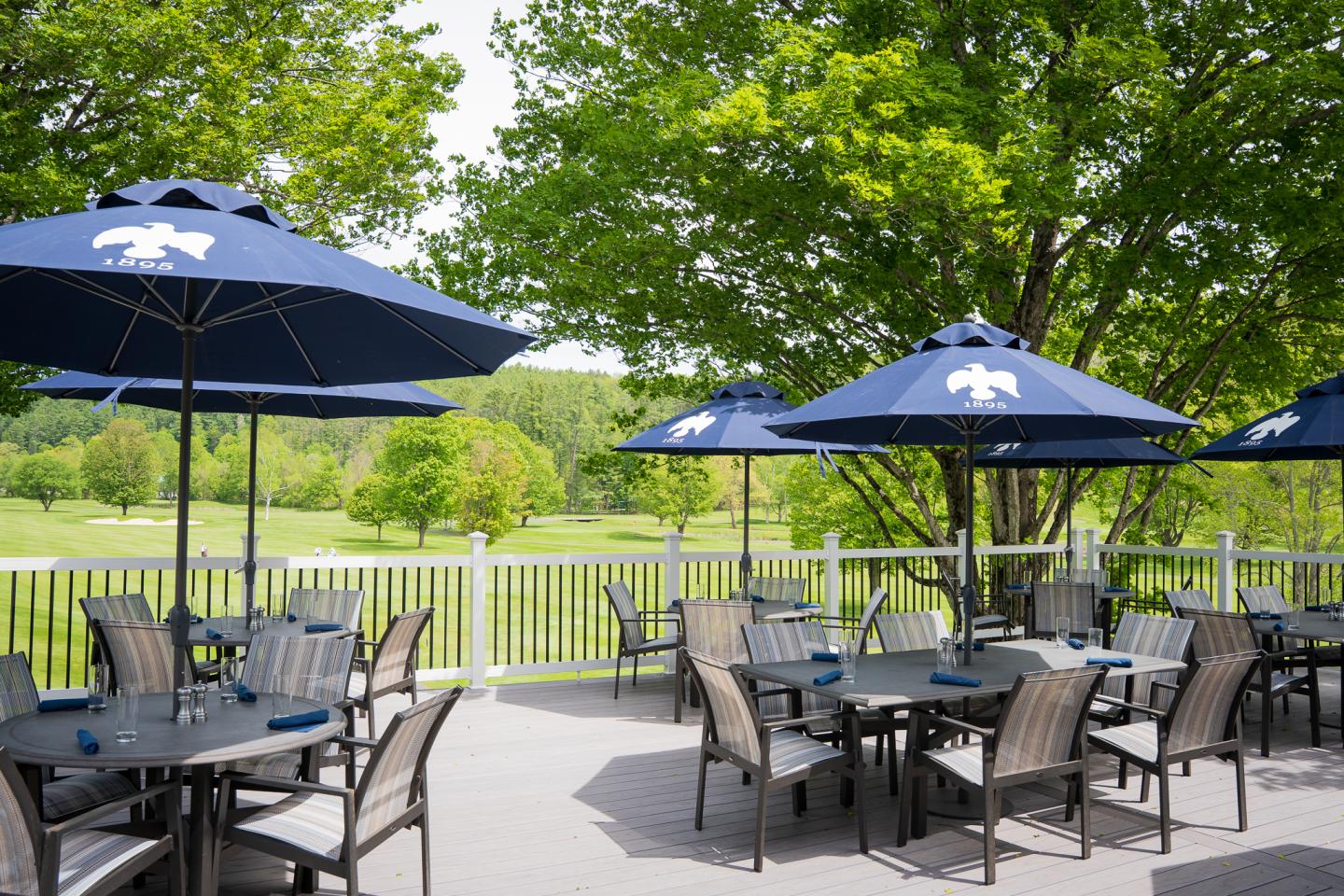 Outdoor patio with blue umbrellas and empty tables, overlooking a green landscape.