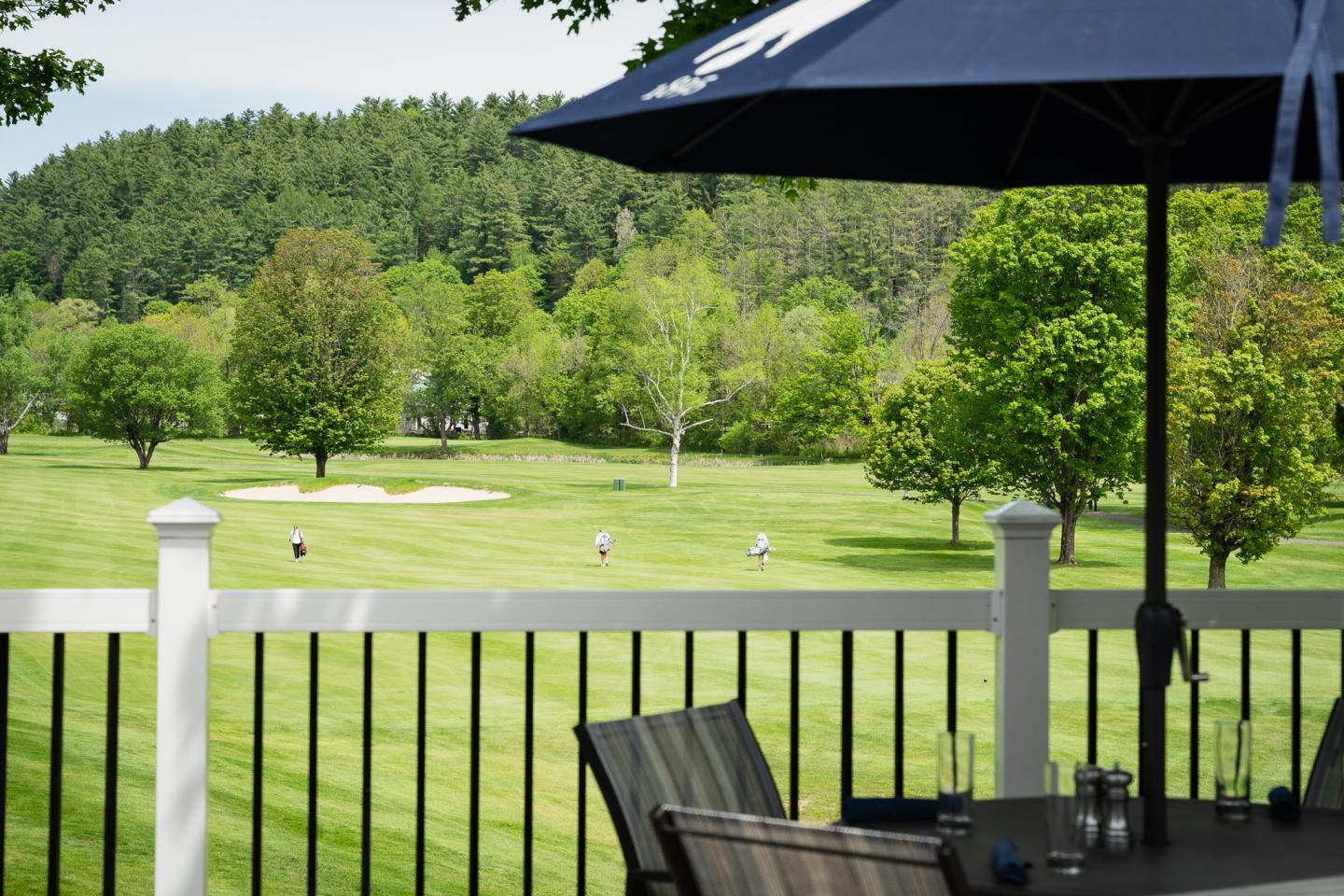Golf course view from a patio with umbrella, trees in the background.